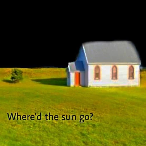 Casa num campo verde com o céu completamento escuro com uma frase Where'd the sun go?